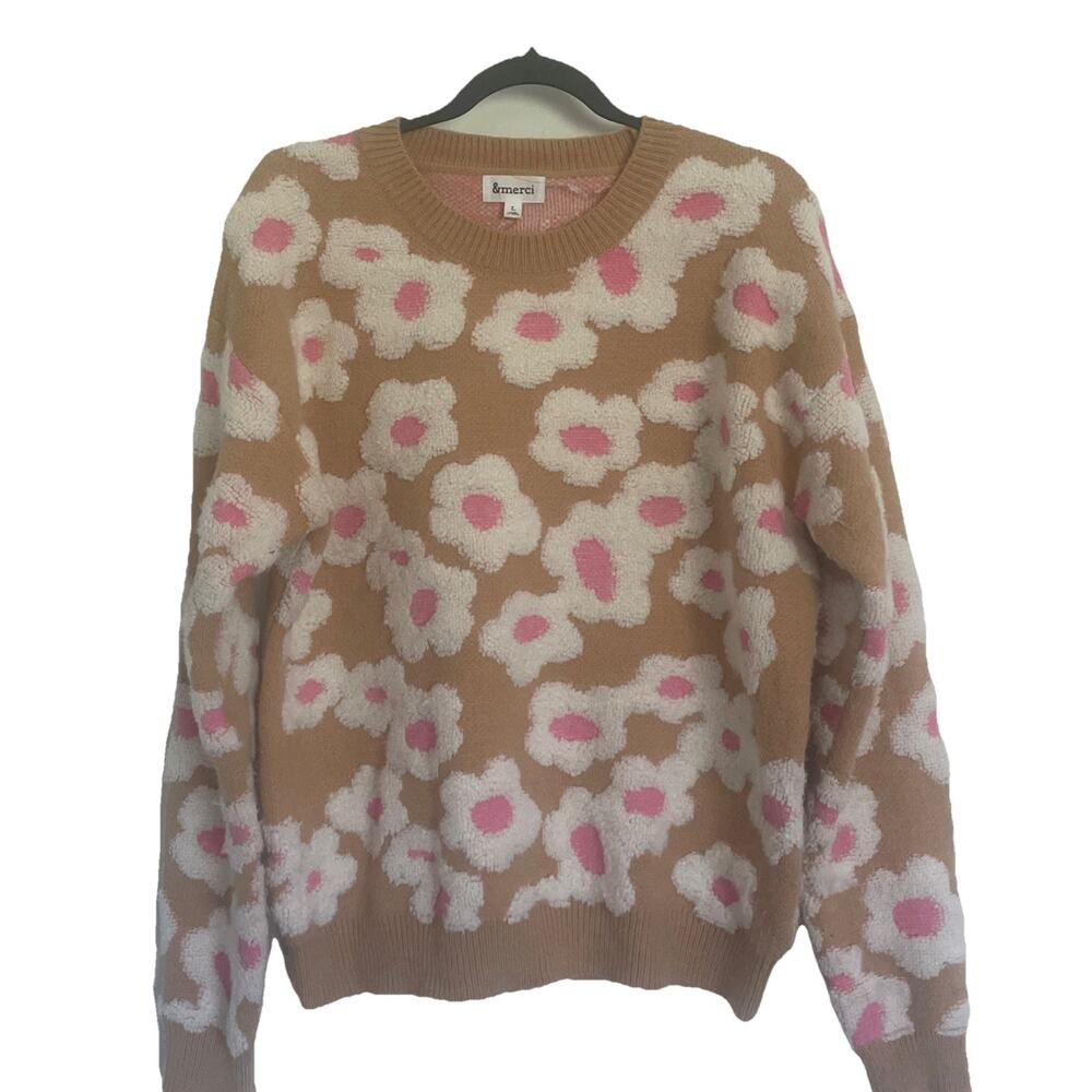 &merci Tan Sweater With White And Pink Flowers Size Large